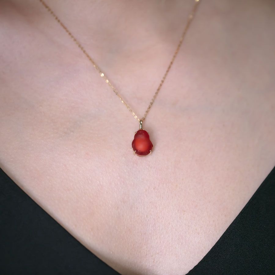 Super Adorable Handcarved Penguin Egg Fire Opal Necklace 18K Yellow Gold