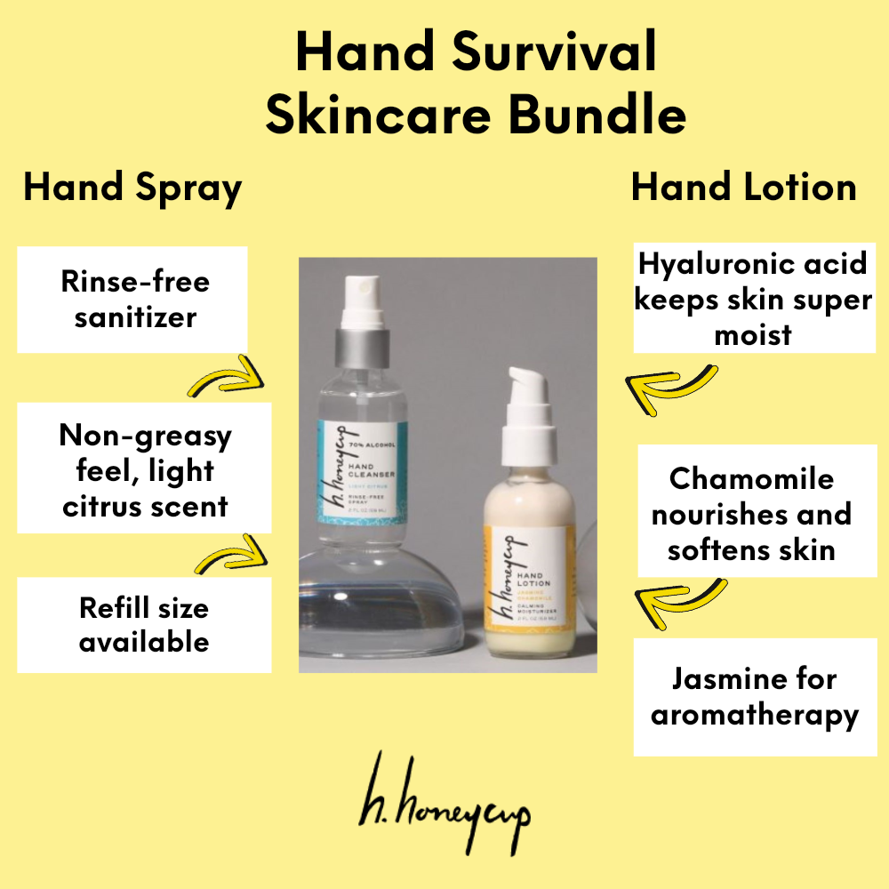 Hand sanitizer and hand lotion set with list of product benefits