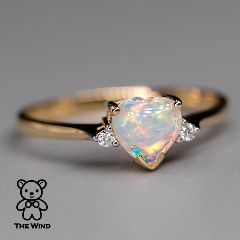 Heart Shaped Australian Solid Opal & Diamond Engagement Ring 18K Yellow Gold