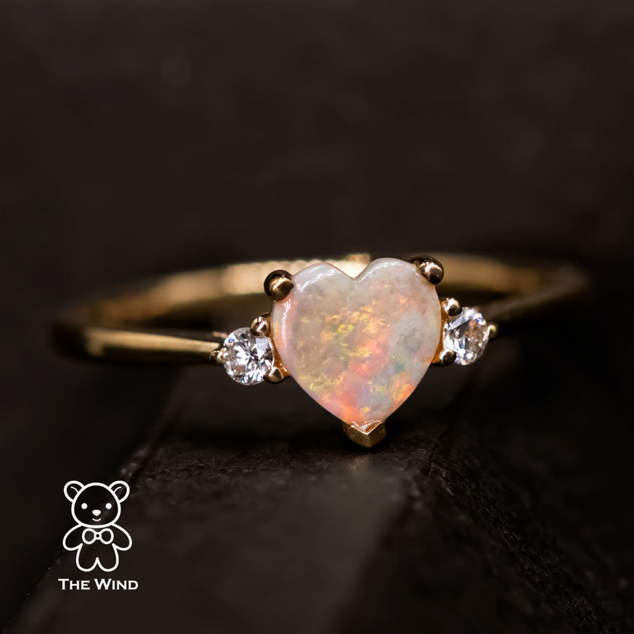 Heart Shaped Australian Solid Opal & Diamond Engagement Ring 18K Yellow Gold