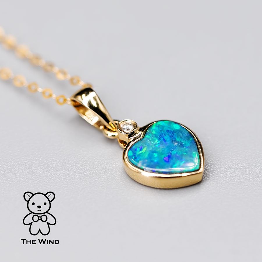 Heart Shaped Doublet Opal Diamond Pendant Necklace 14k Yellow Gold