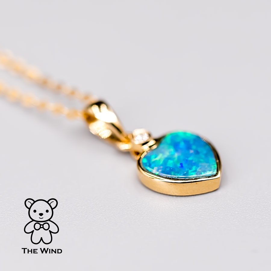 Heart Shaped Doublet Opal Diamond Pendant Necklace 14k Yellow Gold