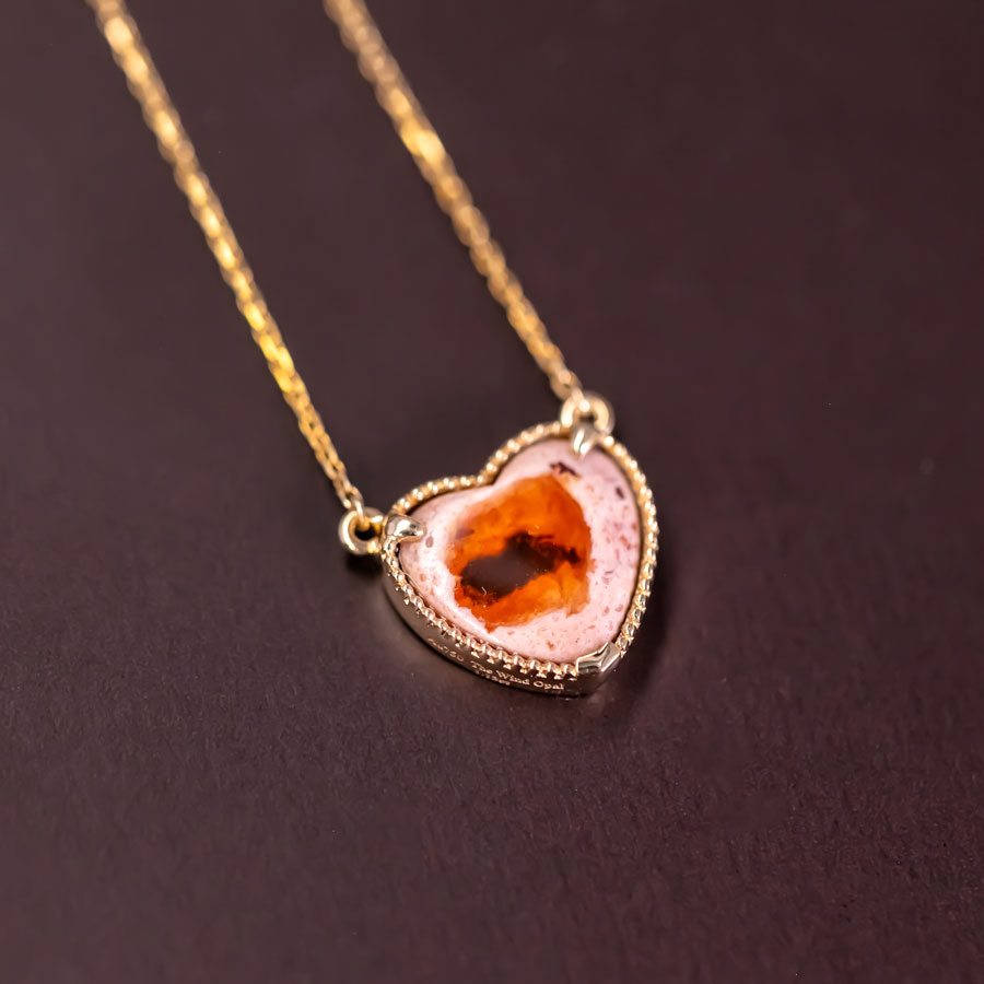 Heart Shaped Mexican Matrix Fire Opal Necklace 18K Yellow Gold