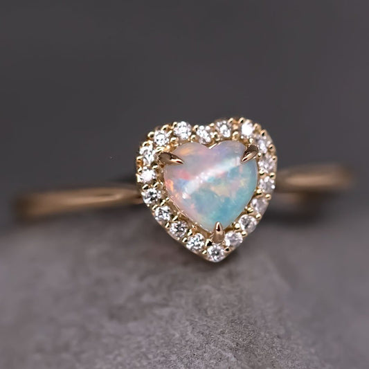 Heart Shaped Solid Opal Halo Diamond Engagement Ring 18K Yellow Gold