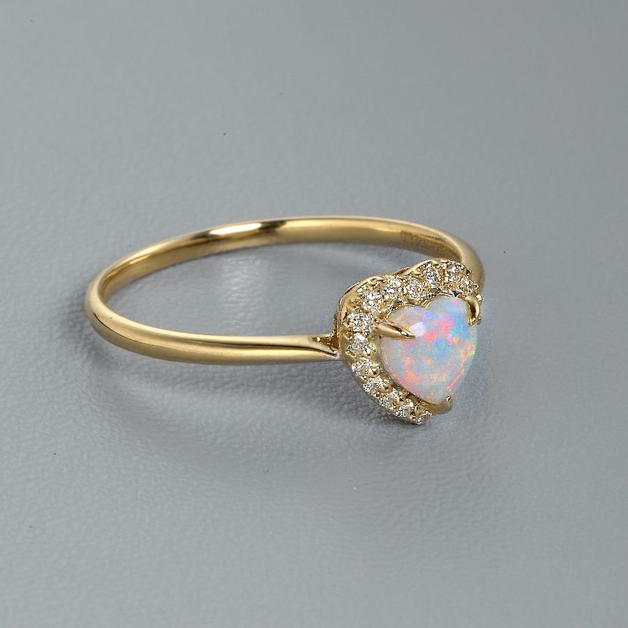Heart Shaped Solid Opal Halo Diamond Engagement Ring 18K Yellow Gold