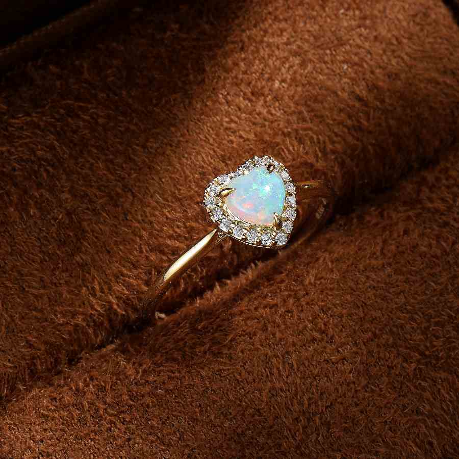 Heart Shaped Solid Opal Halo Diamond Engagement Ring 18K Yellow Gold
