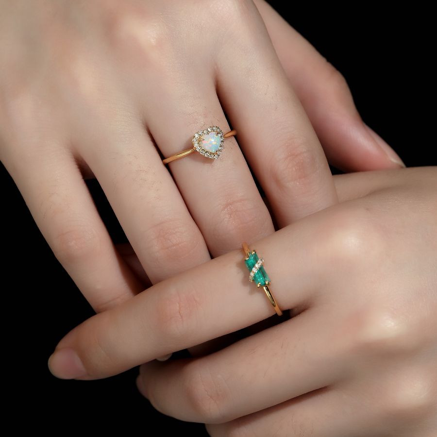 Heart Shaped Solid Opal Halo Diamond Engagement Ring 18K Yellow Gold