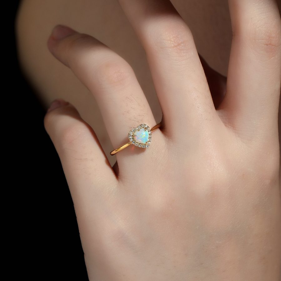 Heart Shaped Solid Opal Halo Diamond Engagement Ring 18K Yellow Gold