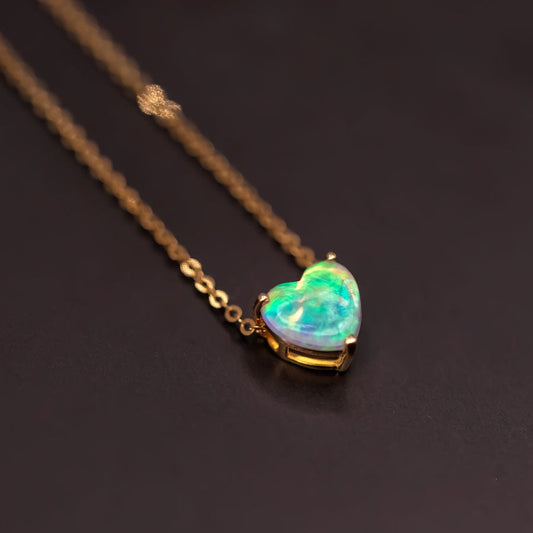 Heart Shaped Australian Solid Opal Necklace 14k Yellow Gold