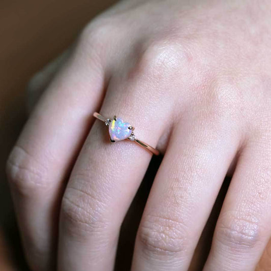 Heart Shaped Solid Opal & Diamond Engagement Ring in 18K Rose Gold