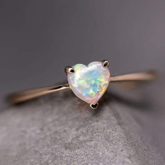 Minimalist Heart Shaped Solid Opal Engagement Ring 14K Yellow Gold