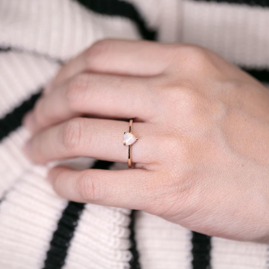 Minimalist Heart Shaped Solid Opal Engagement Ring 14K Yellow Gold