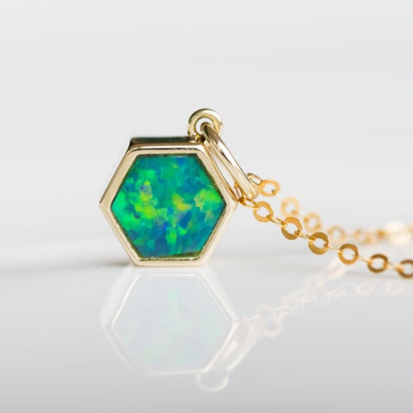 Geometric Pattern Hexagon Doublet Opal Necklace 14k Yellow Gold