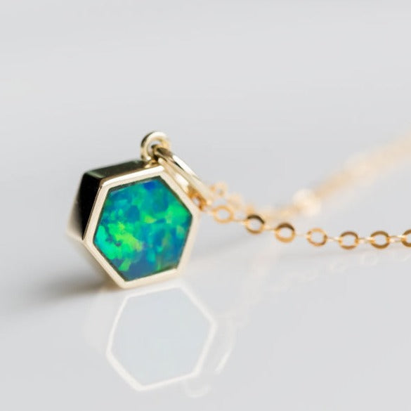Geometric Pattern Hexagon Doublet Opal Necklace 14k Yellow Gold