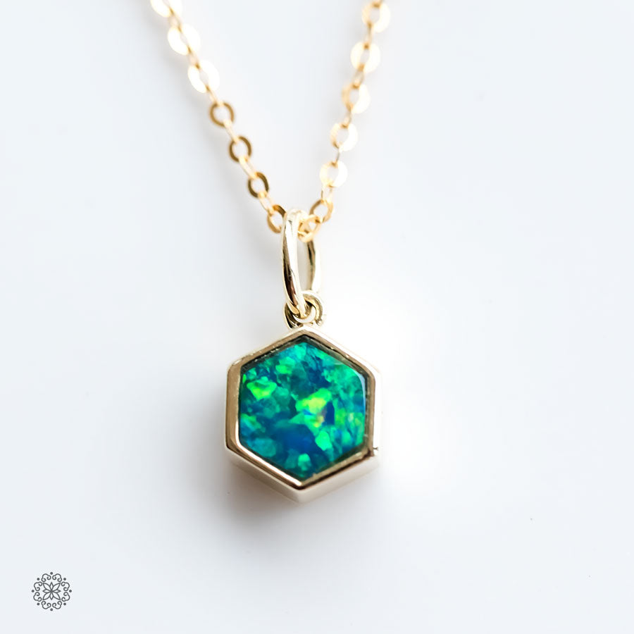 Geometric Pattern Hexagon Doublet Opal Necklace 14k Yellow Gold