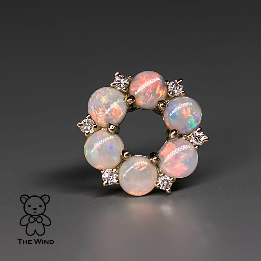 Hexagon Flower Australian Solid Opal Diamond Pendant Necklace 14K Yellow Gold