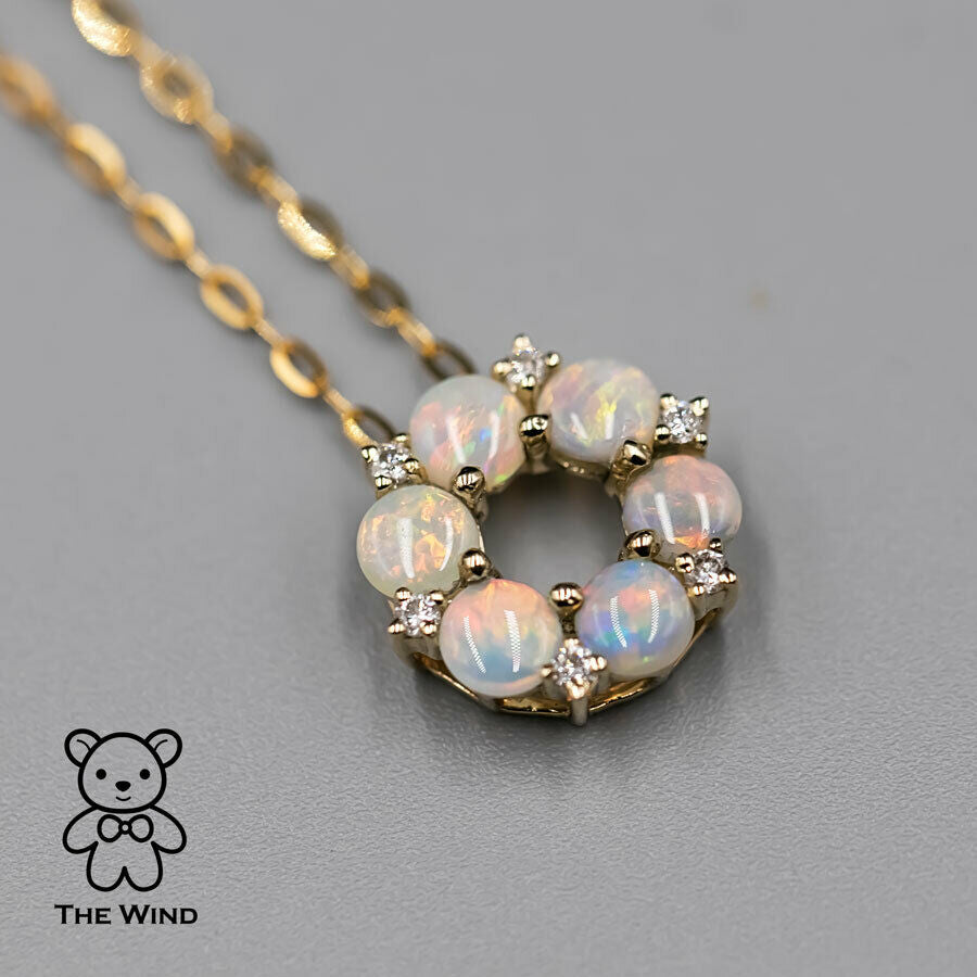 Hexagon Flower Australian Solid Opal Diamond Pendant Necklace 14K Yellow Gold