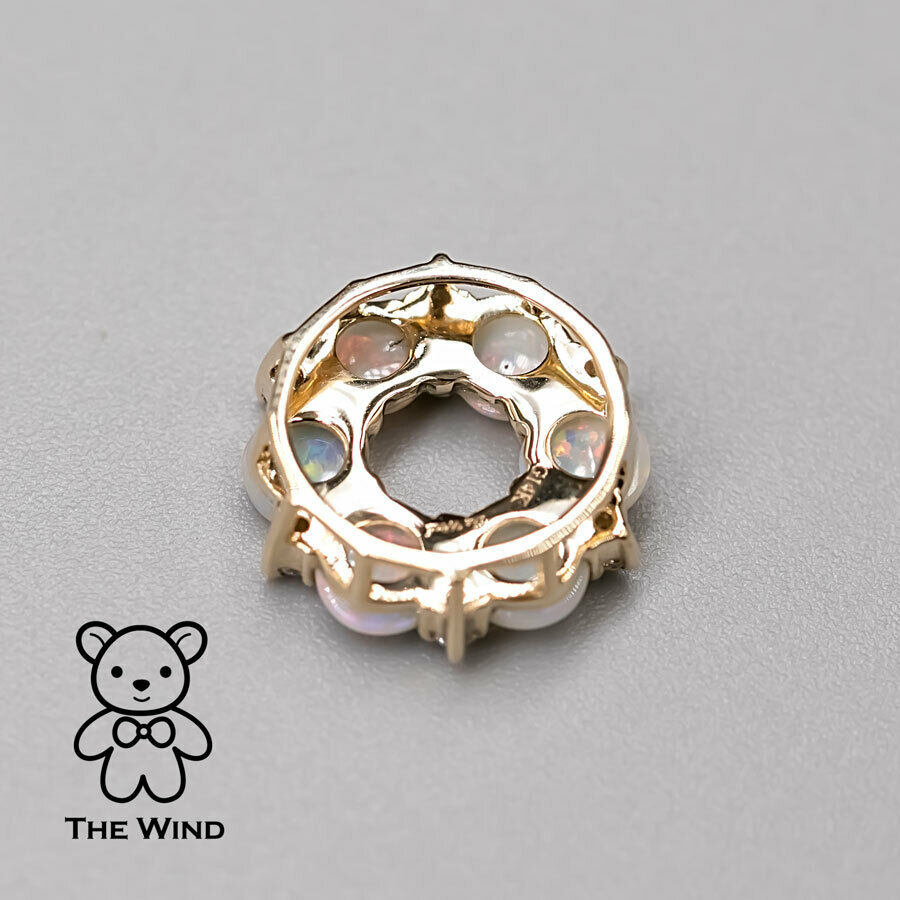 Hexagon Flower Australian Solid Opal Diamond Pendant Necklace 14K Yellow Gold