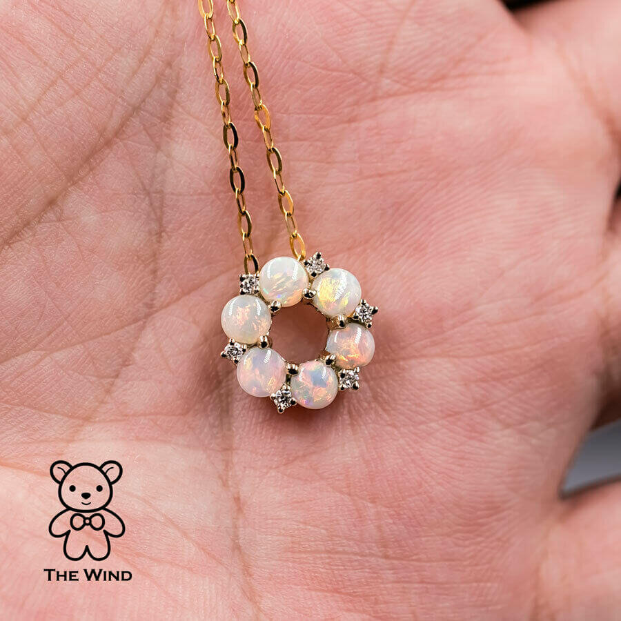 Hexagon Flower Australian Solid Opal Diamond Pendant Necklace 14K Yellow Gold