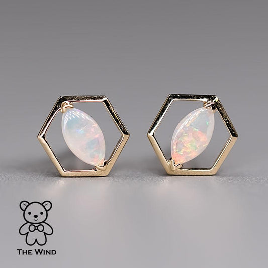 Geometric Hexagon Shaped Australian Solid Opal Stud Earrings 14K Yellow Gold