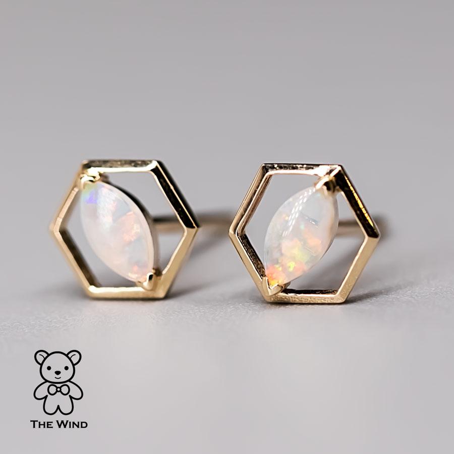 Geometric Hexagon Shaped Australian Solid Opal Stud Earrings 14K Yellow Gold