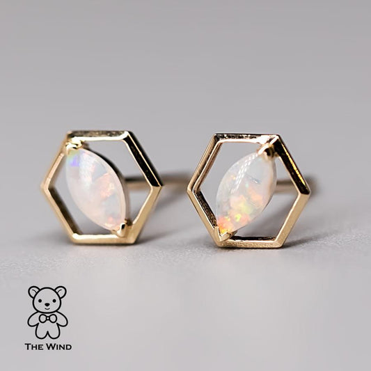 Geometric Hexagon Shaped Australian Solid Opal Stud Earrings 14K Yellow Gold