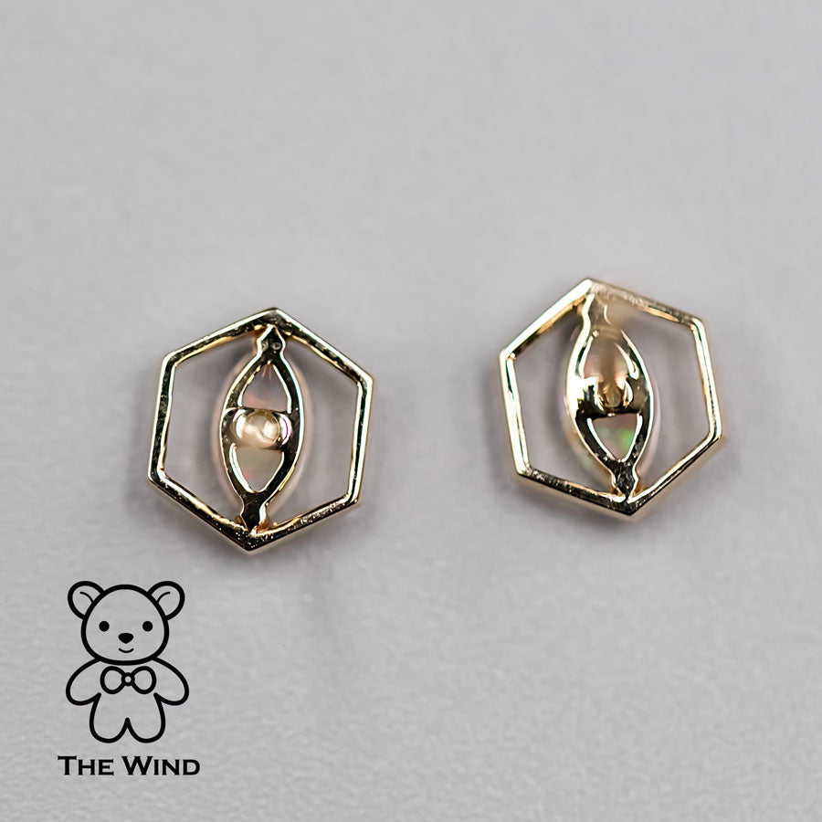Geometric Hexagon Shaped Australian Solid Opal Stud Earrings 14K Yellow Gold