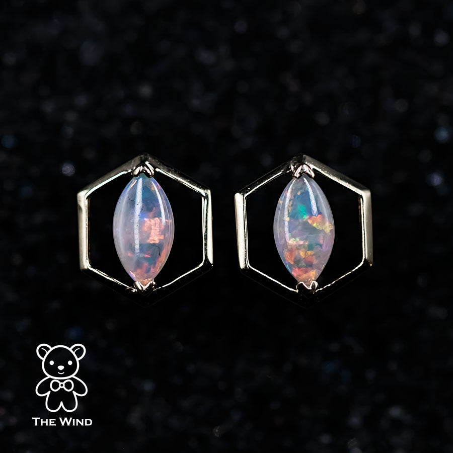 Geometric Hexagon Shaped Australian Solid Opal Stud Earrings 14K Yellow Gold