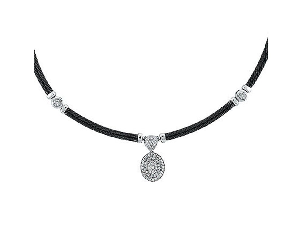 ALOR Black Cable Shimmer Necklace with 18kt White Gold & Round Diamond Station