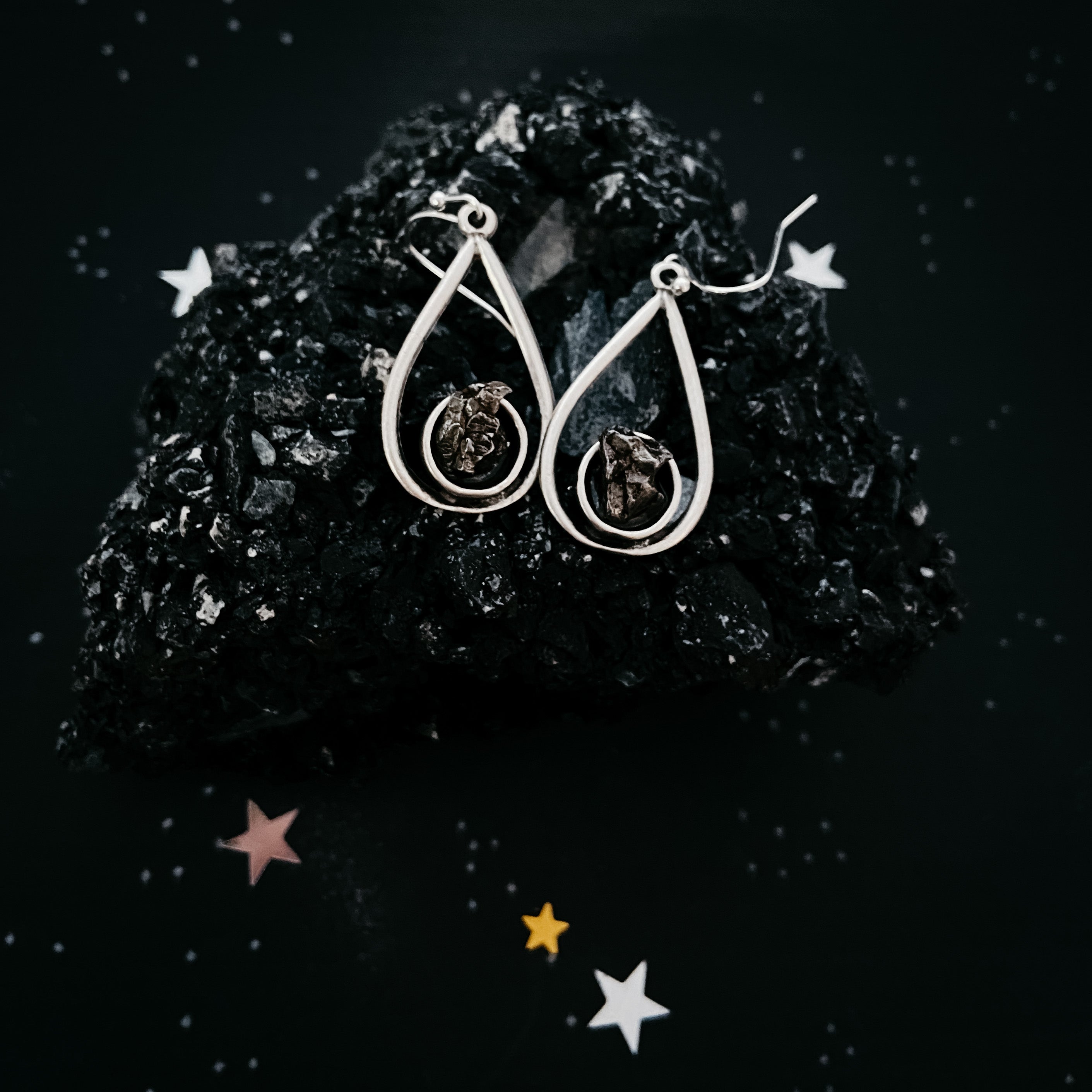 Teardrop Earrings with Raw Meteorite