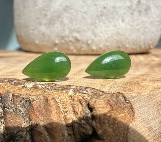 Pear Shape Jade Stud Earrings, 14mm