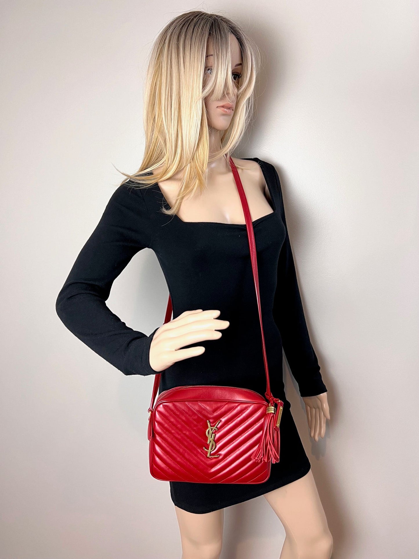 YVES SAINT LAURENT Matelasse Calfskin Lou Camera Red Crossbody Bag