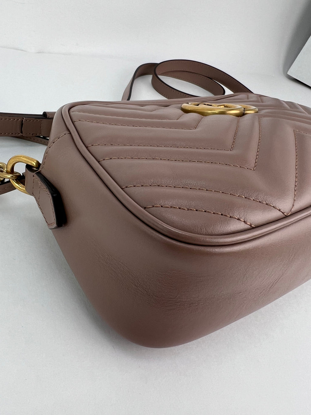 Gucci GG Marmont Small Chain Beige Matelasse Leather Crossbody Bag
