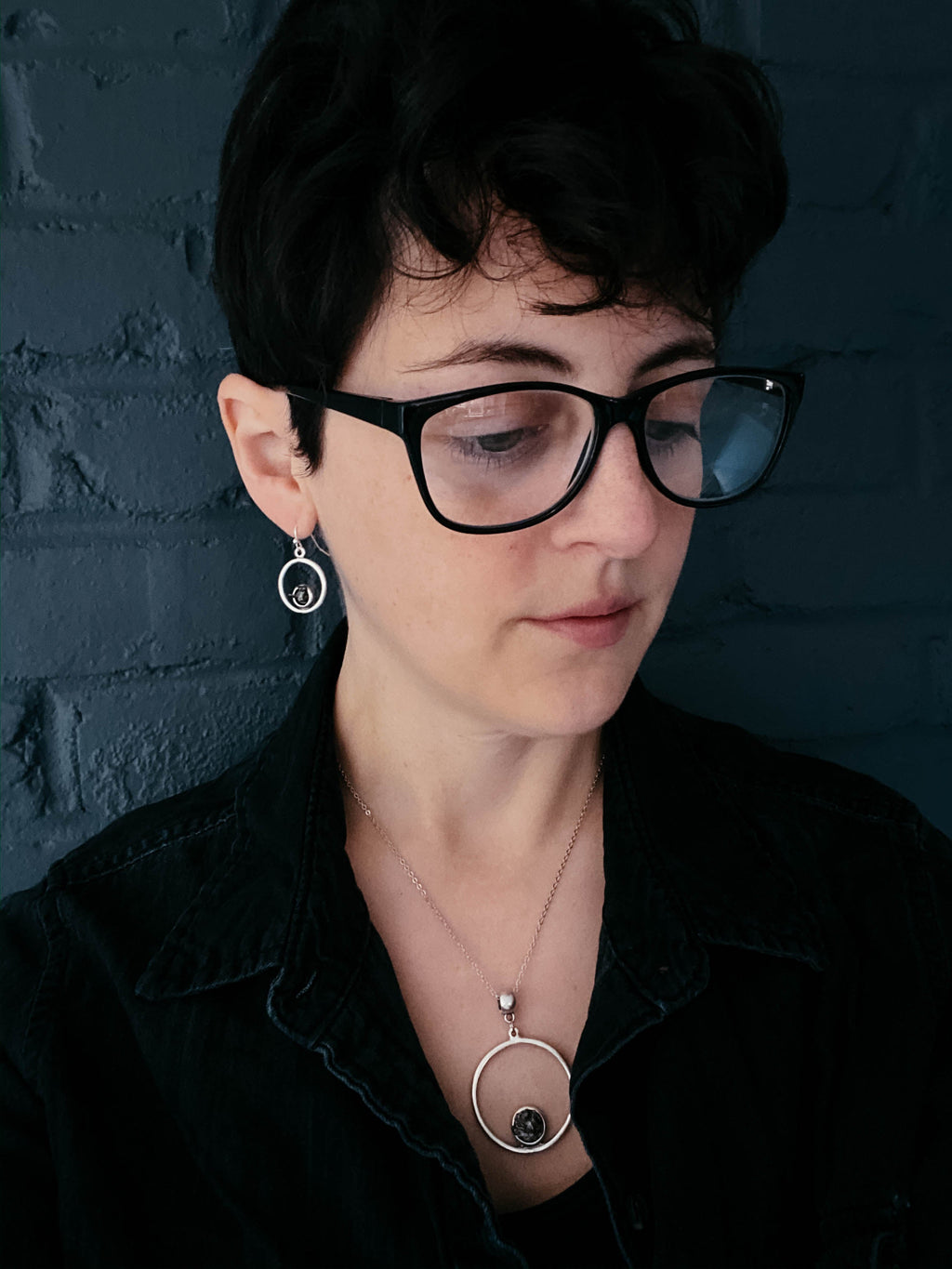 Meteorite Jewelry Set - Circle Necklace and Earrings