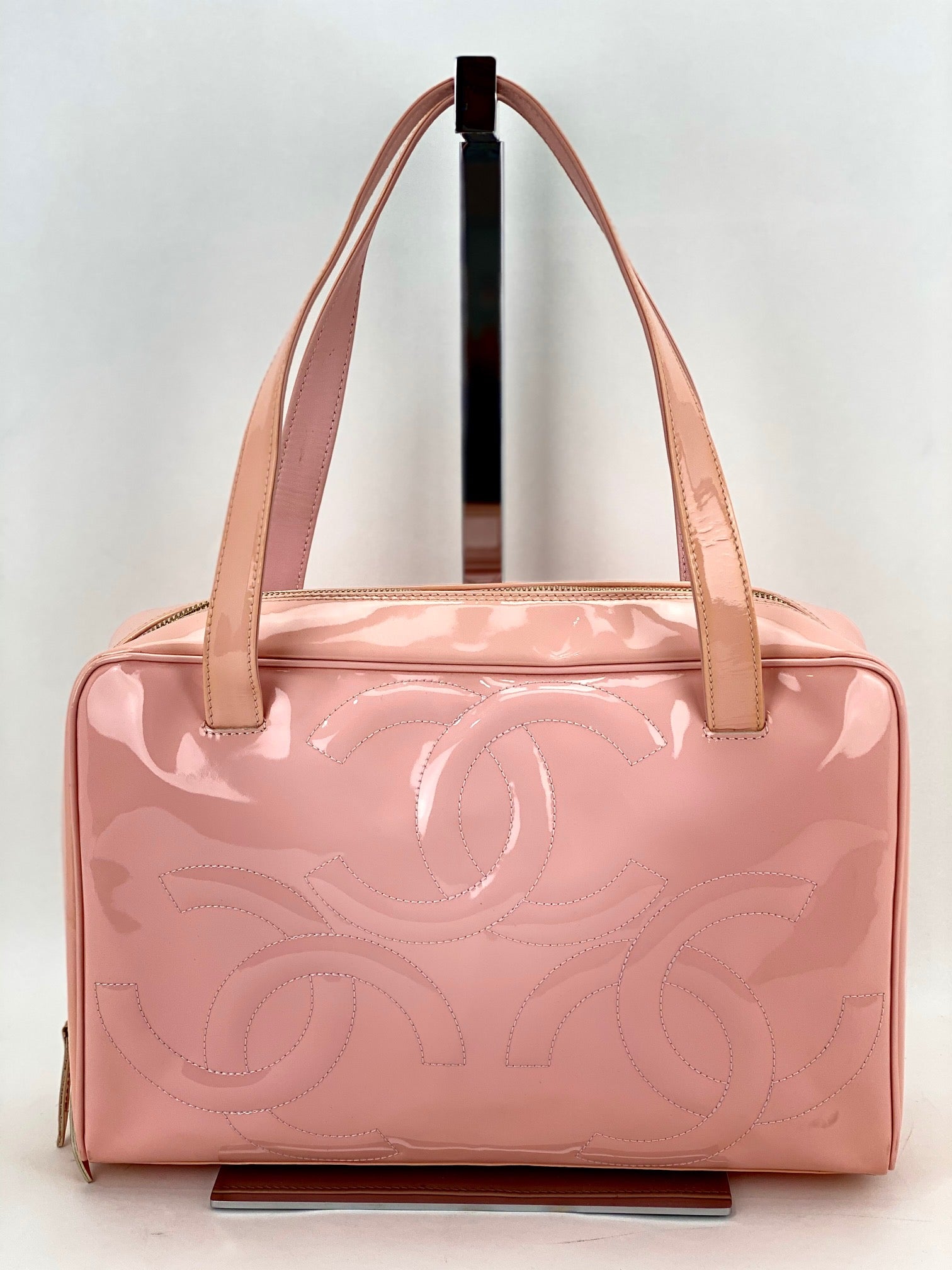 Chanel Triple CC Logo Medium Pink Patent Leather Tote Shoulder Bag Pre owned