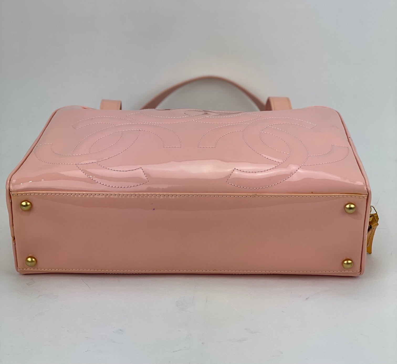 Chanel Triple CC Logo Medium Pink Patent Leather Tote Shoulder Bag Pre owned