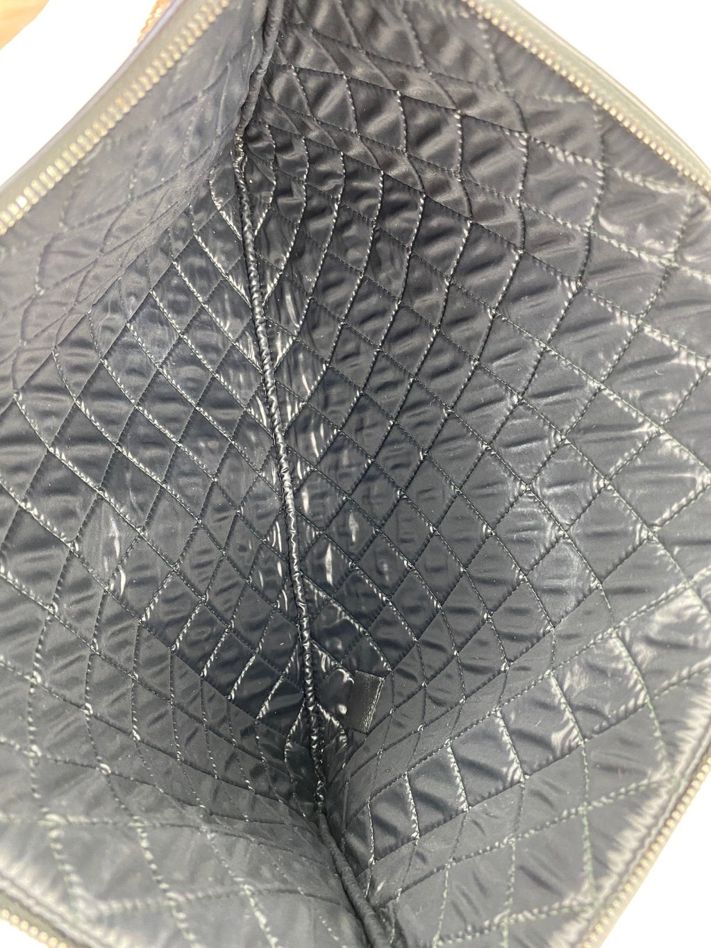 Chanel Quilted Lambskin Leather Black Blue Large Boy Zip Pouch Added Chain