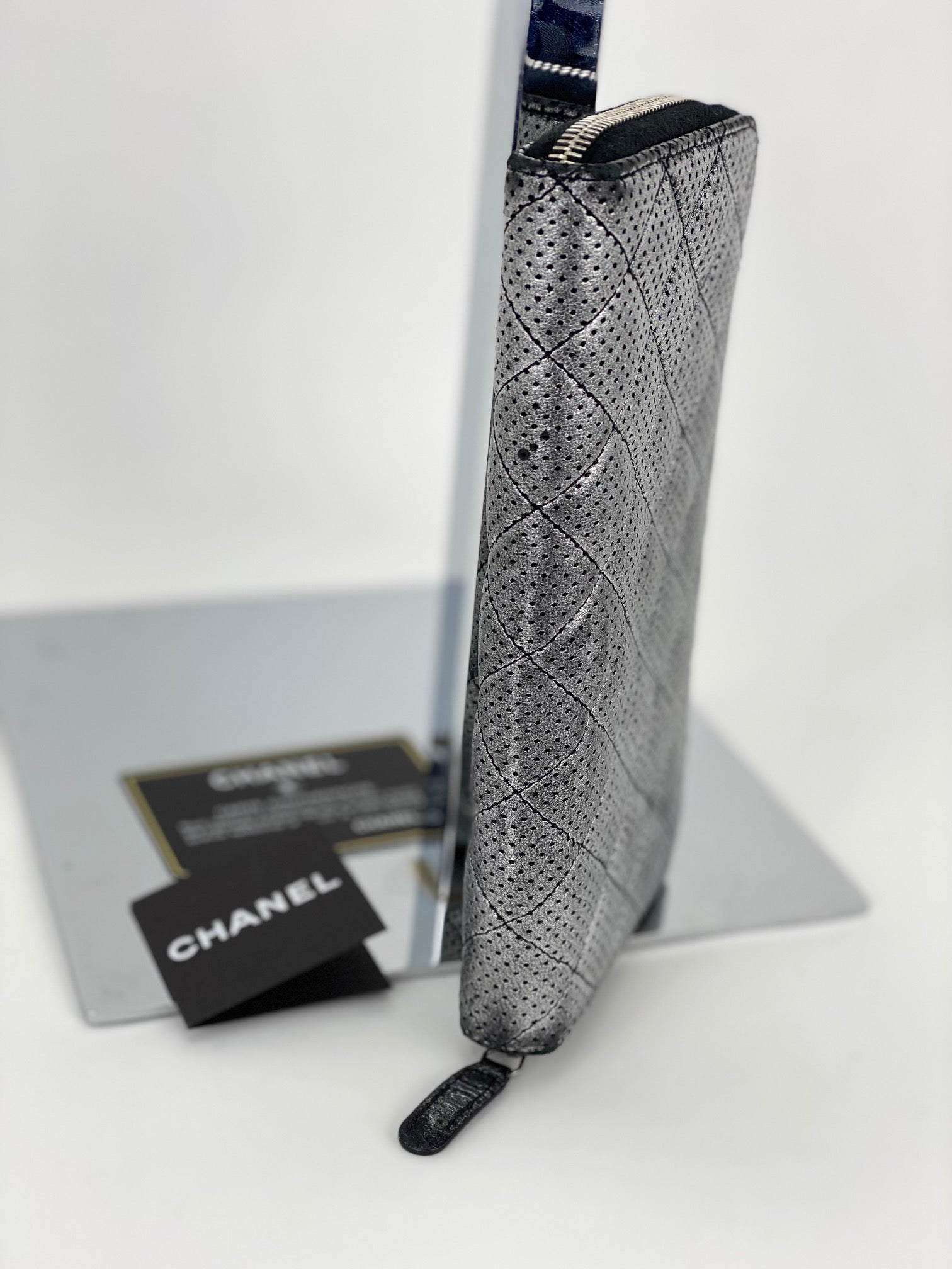 Chanel Perforated Silver Metallic Lambskin Quilted Zip Around Wallet Clutch