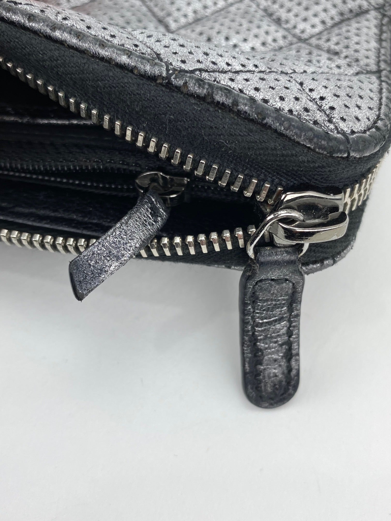 Chanel Perforated Silver Metallic Lambskin Quilted Zip Around Wallet Clutch