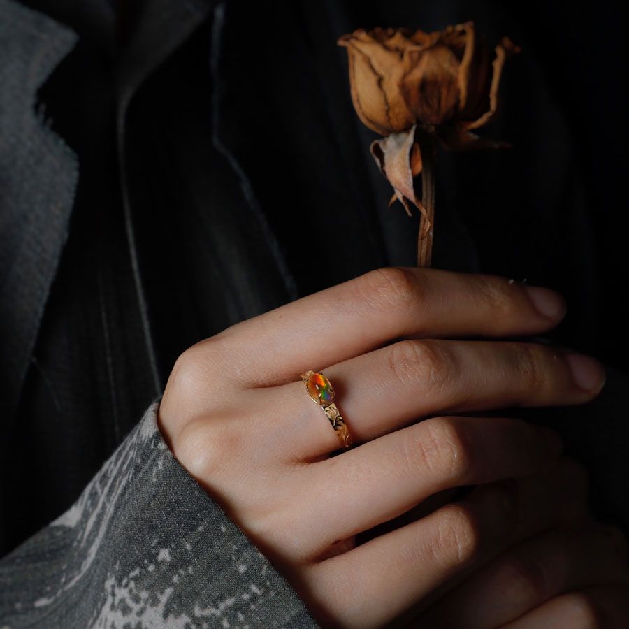 The Golden Age - Ornamental Filigree Fire Opal Engagement Ring 18K Gold