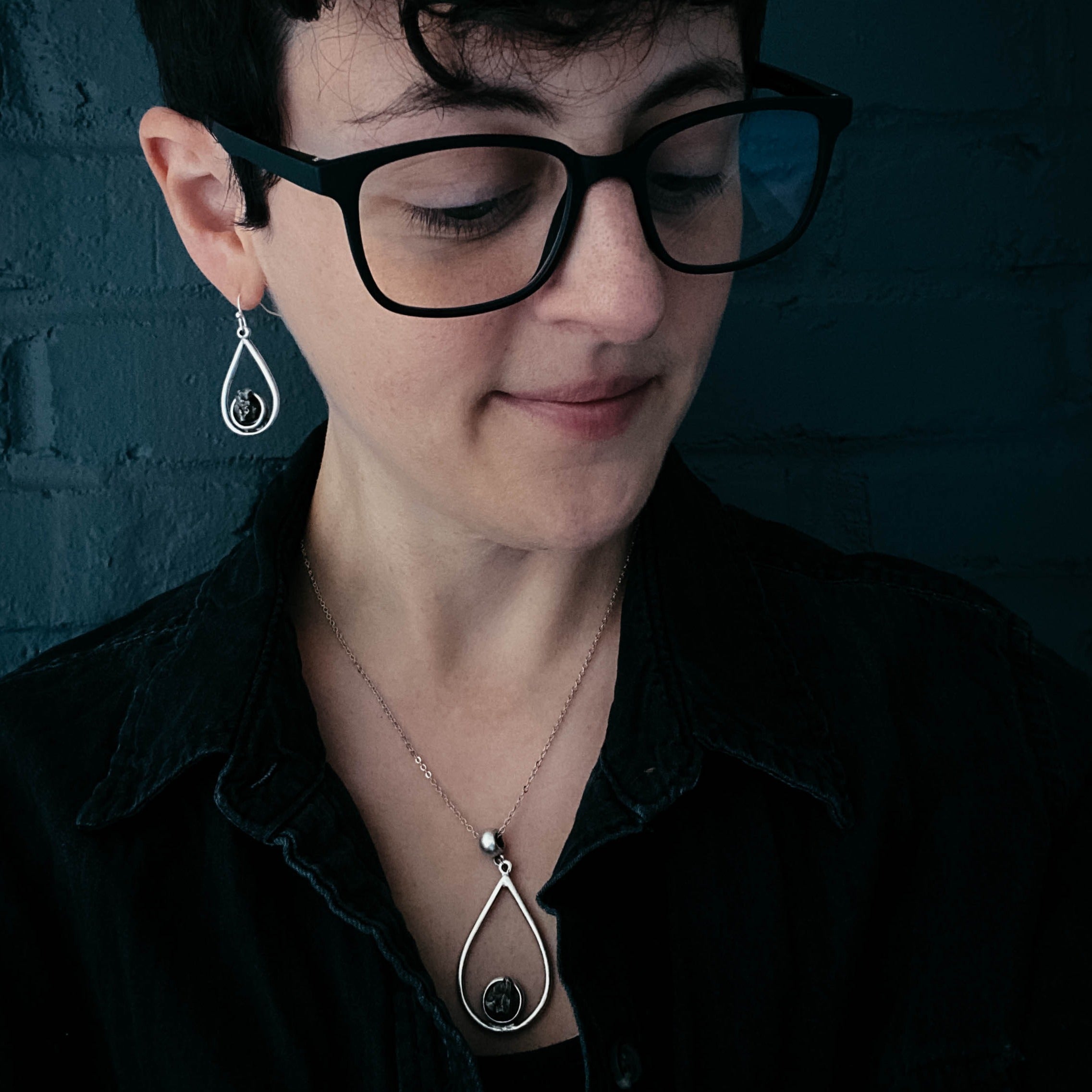 Meteorite Jewelry Set - Teardrop Necklace and Earrings