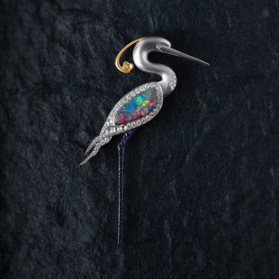 The Egret - Boulder Opal Diamond Sapphire Pendant & Brooch 18k Gold