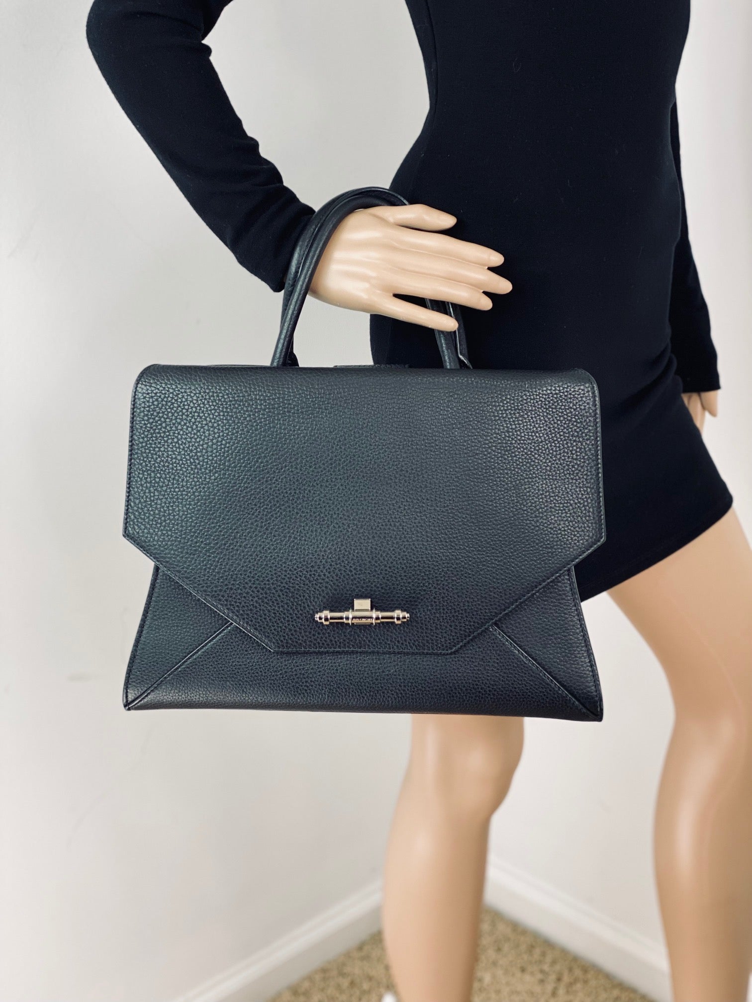 Givenchy Obsedia Medium Flap Black Pebbled Calfskin Satchel Hand Bag