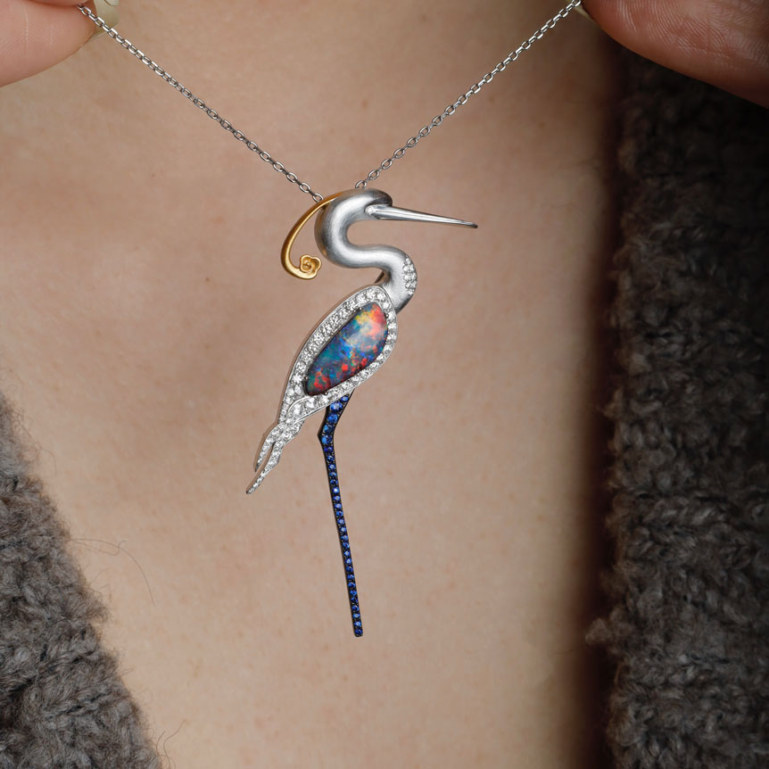The Egret - Boulder Opal Diamond Sapphire Pendant & Brooch 18k Gold