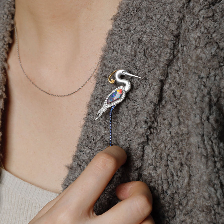 The Egret - Boulder Opal Diamond Sapphire Pendant & Brooch 18k Gold