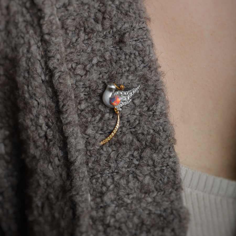 Baby Phoenix - Black Opal, Diamond, Sapphire Pendant Brooch 18K Gold