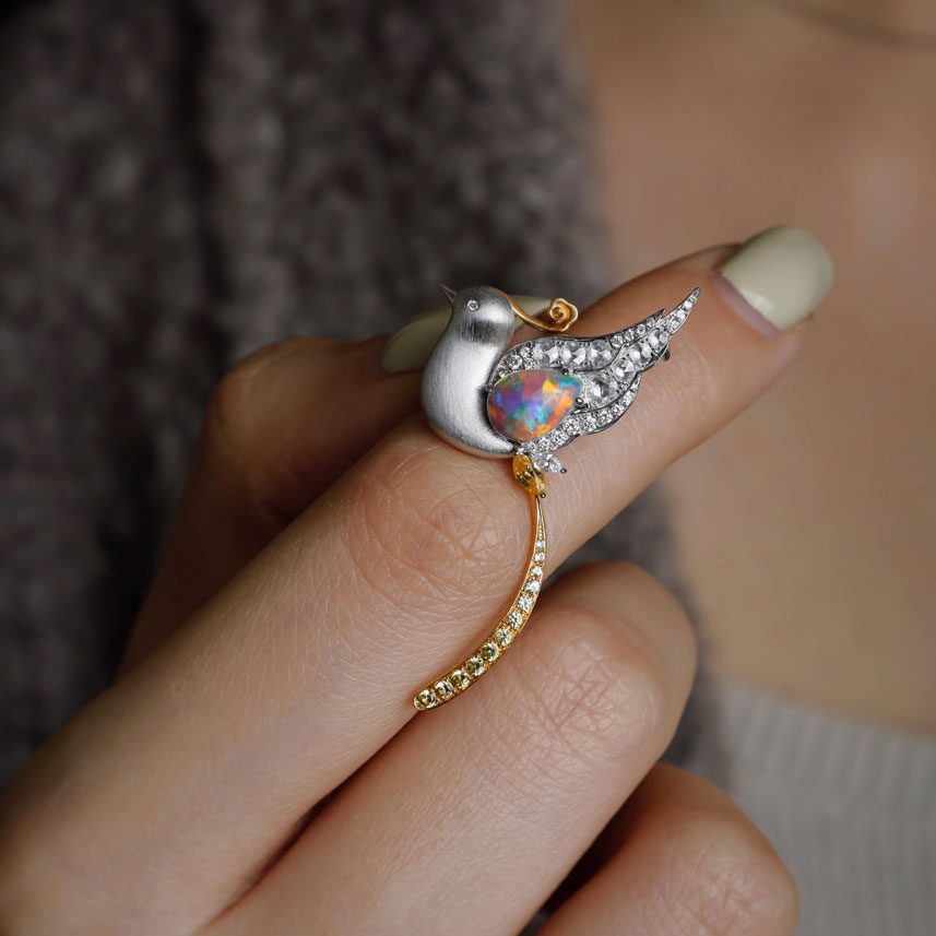 Baby Phoenix - Black Opal, Diamond, Sapphire Pendant Brooch 18K Gold