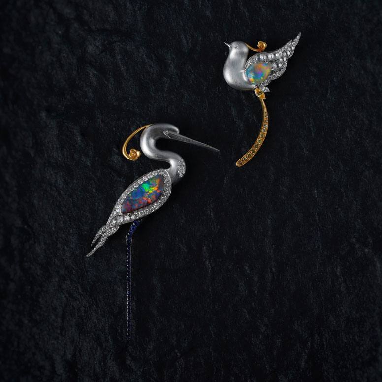 Baby Phoenix - Black Opal, Diamond, Sapphire Pendant Brooch 18K Gold