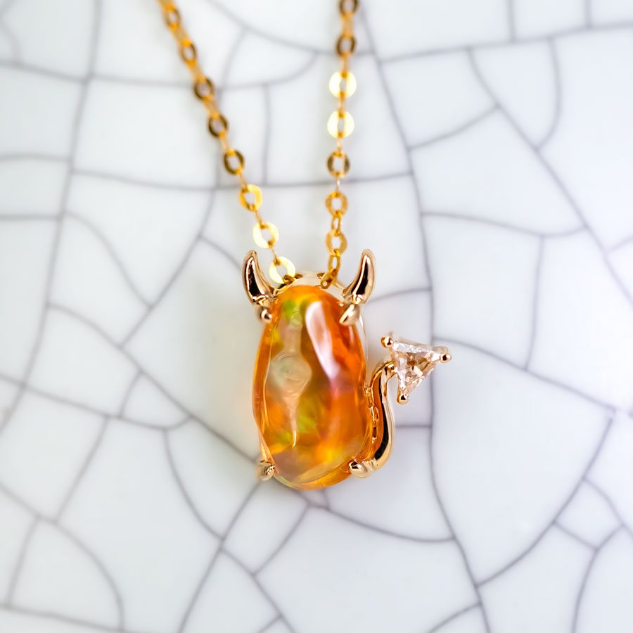 I Love You, Little Devil - Fire Opal Diamond Necklace 18K Yellow Gold