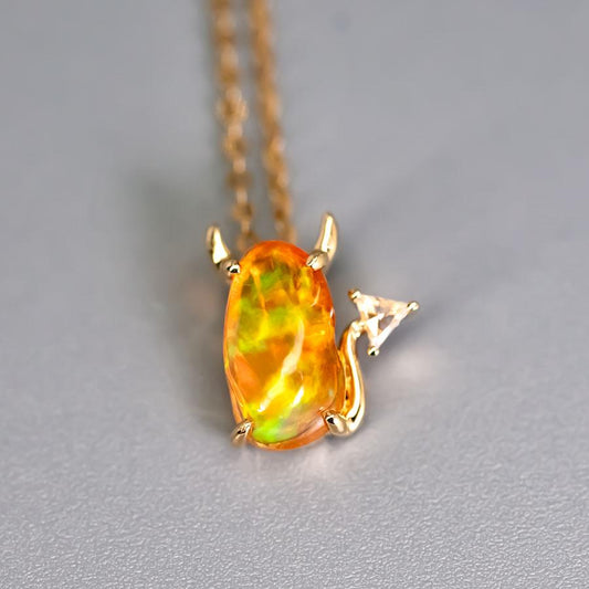 I Love You, Little Devil - Fire Opal Diamond Necklace 18K Yellow Gold